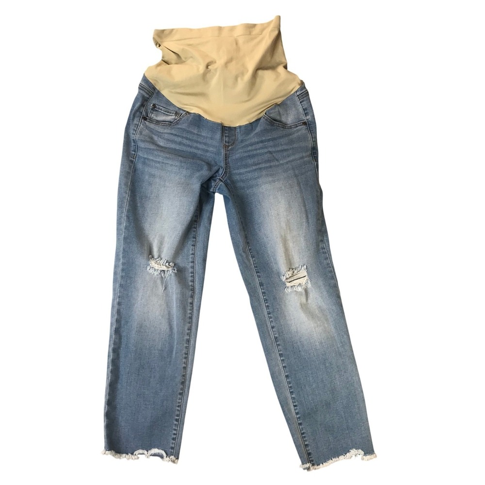 A‎ Glow Maternity Jeans Women MEDIUM Blue Crop Distressed Frayed Hem Belly Band